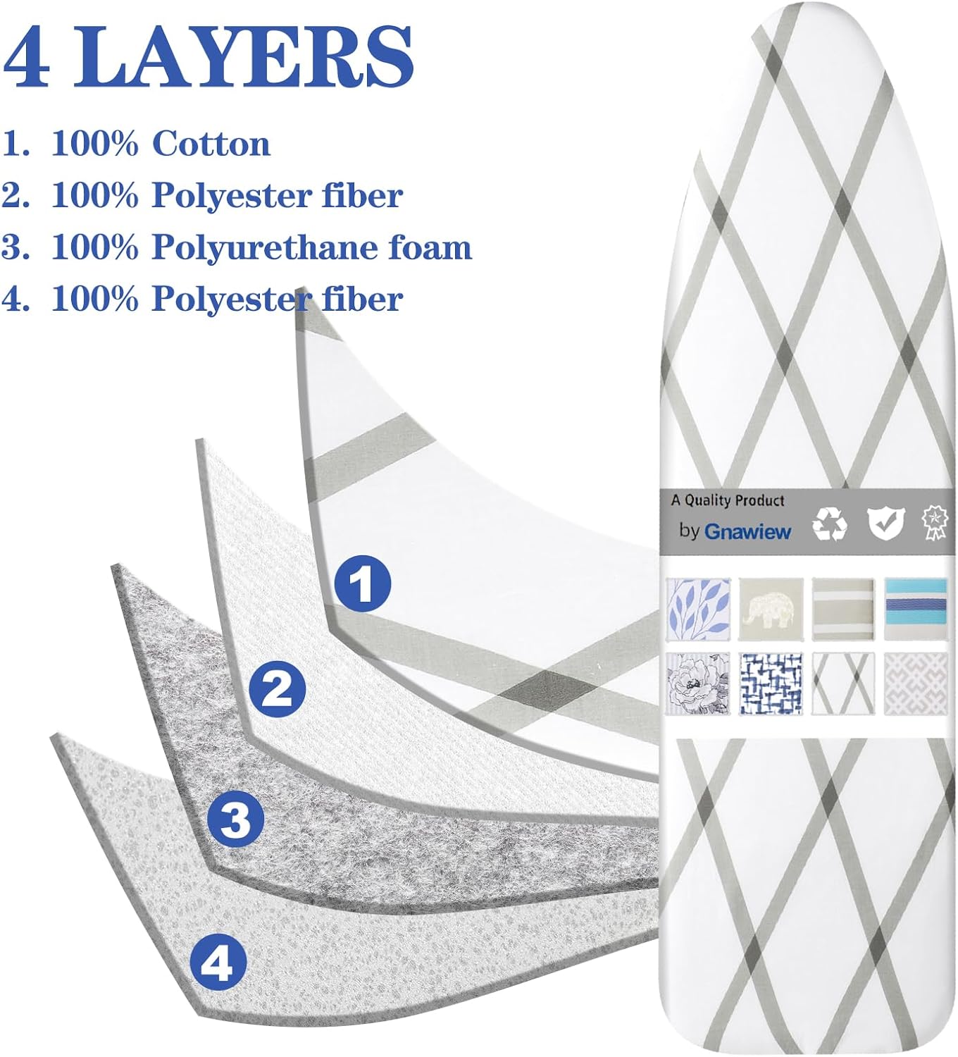 Ironing Board Cover and Pad Extra Thick - Elastic Edge Durable Scorch Stain Resistant Easy Installation Heavy Duty Padding 4 Layers Cotton Standard Size 18x49 in - Grey Diamonds