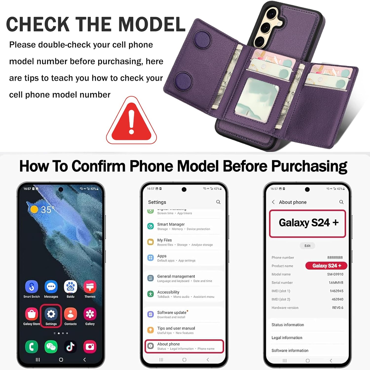 for Samsung Galaxy S24 Plus Wallet Case, 2-in-1 Detachable Magnetic Wallet Case, Card Holder RFID Blocking, Fashionable Faux Leather Card Slot & Folding Design (Purple)