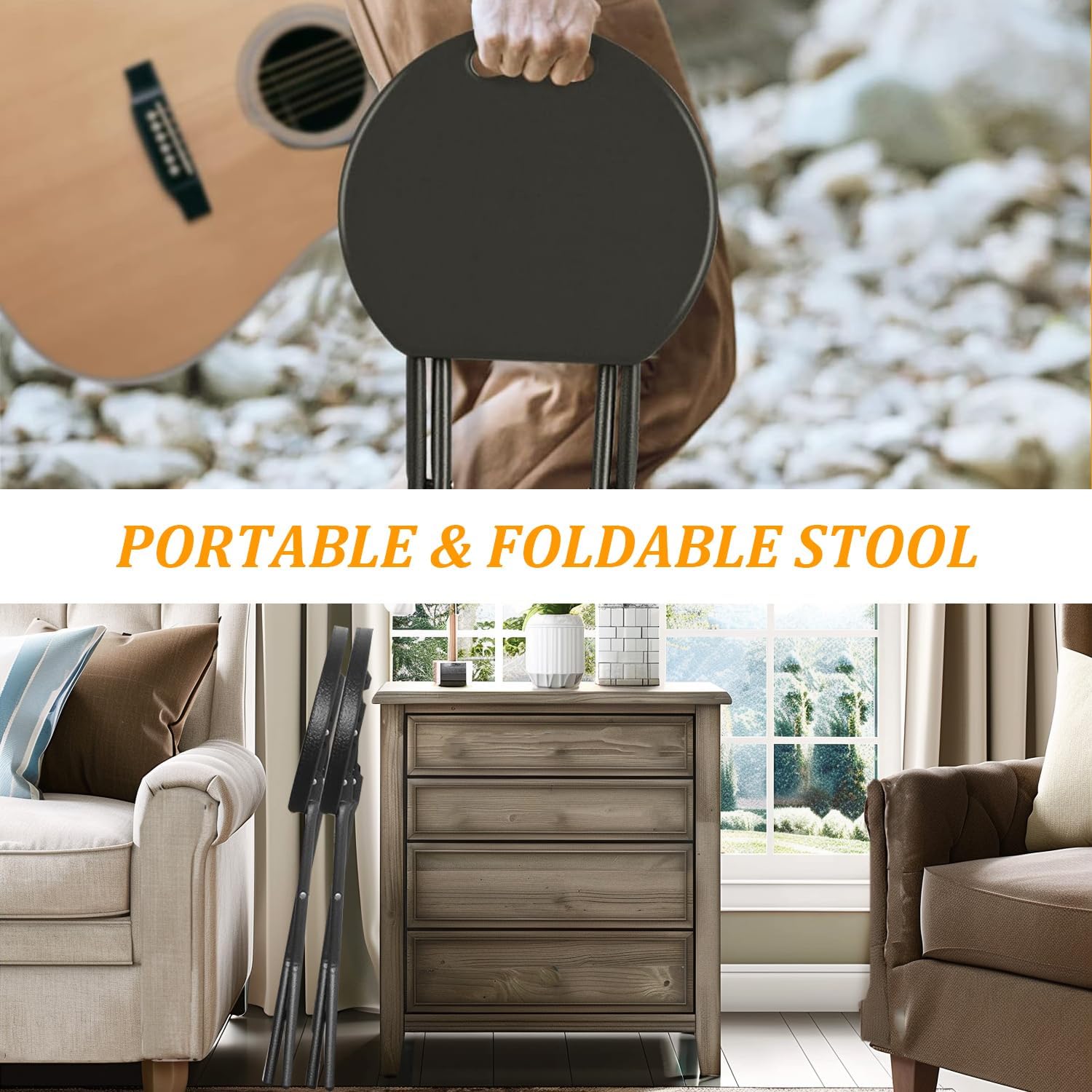 Folding Stool - 2 Pack, 24-Inch Tall, Heavy Duty Round Foldable Bar Stool with Handle, 550lbs Capacity, for Adults, Kitchen, Vanity, Dorm, Church, Outdoor, Black