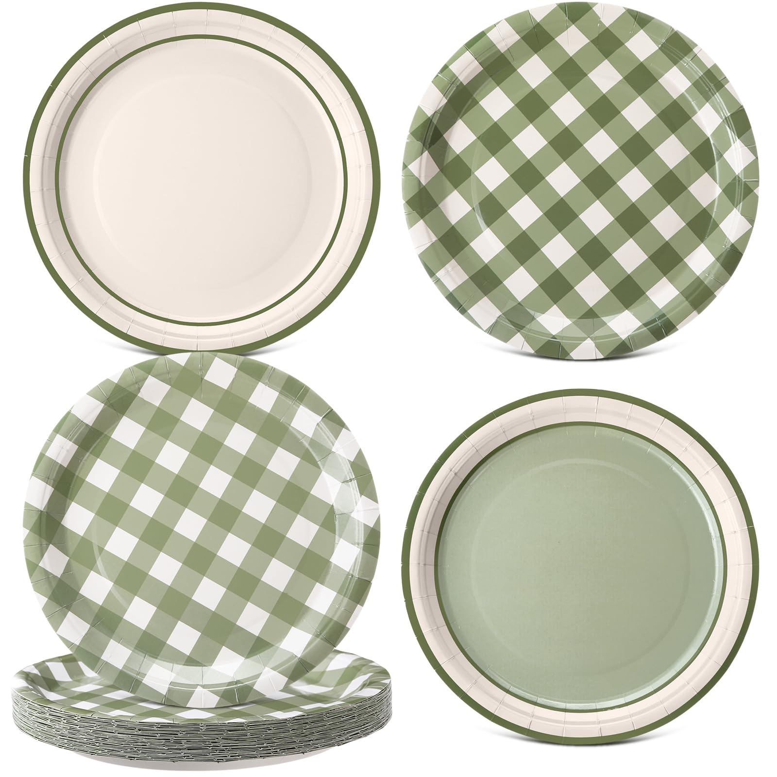 Photo 1 of **MISSING PIECES / NOT 60*** Tiangrid 60 Pcs Sage Green Gingham Paper Dessert Plates 9 Inch Disposable Checkered Plaid Dinner Plates for Birthday Baby Shower Wedding Camping Themed Party Supplies, 4 Styles