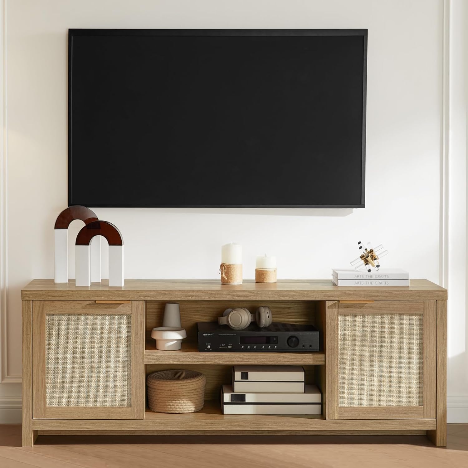 OAKHAM HOME Hampstead TV Stand for Living Room, Modern Entertainment Center for 65 inch TV, 2 Rattan Doors Cabinet Media Console, TV Console Table with Soft Hinge Door and Handle (Weathered Oak)