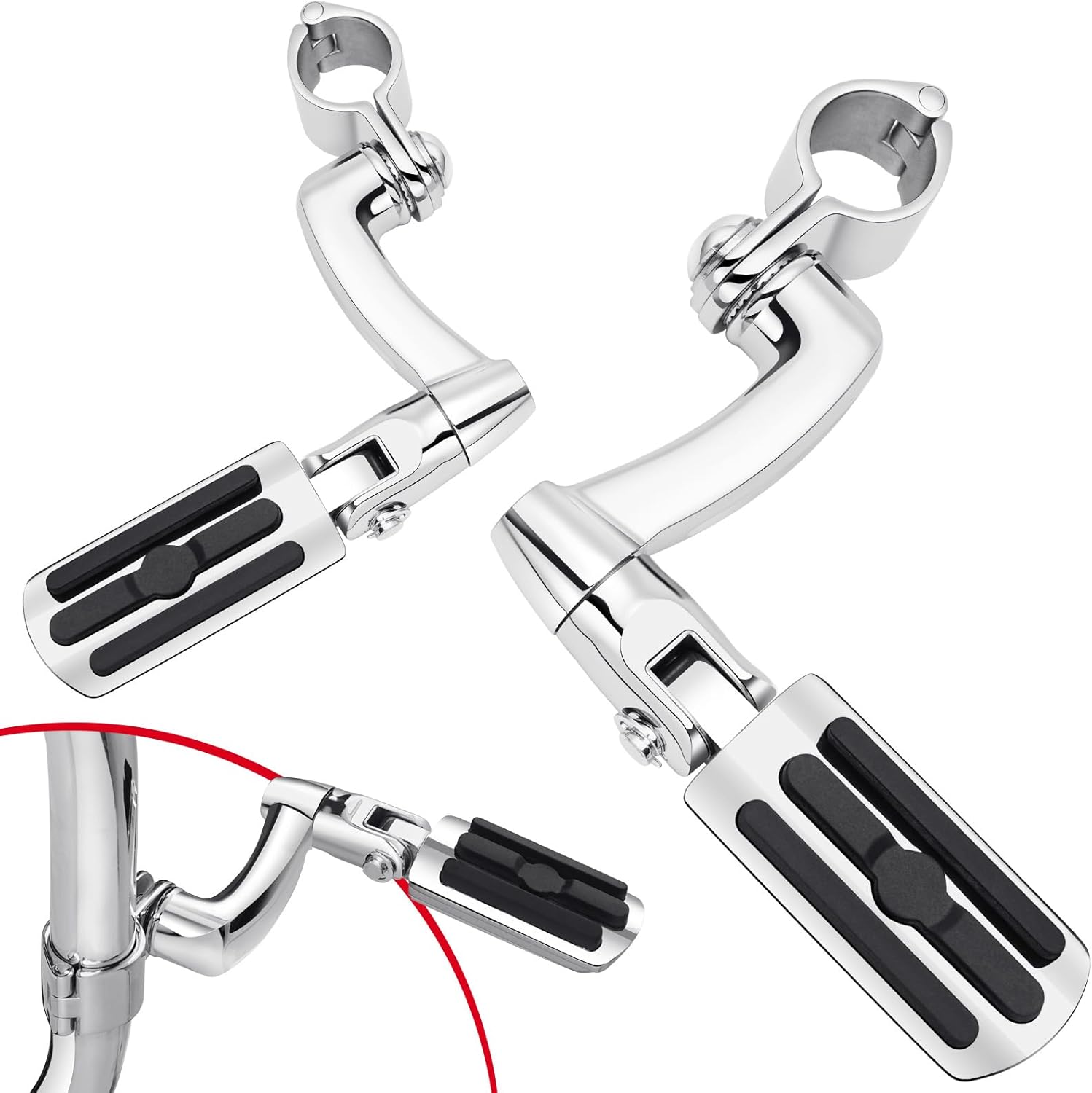 Benlari Highway Pegs Longhorn Offset, 1-1/4" 304 Stainless Steel Clamps Extension Arms Footpegs Fit for Harley Touring Street Glide Softail Dyna Sportster fits 1.25"(32mm) Engine Guard Style2 (Chrome)