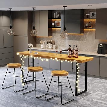 Rectangular Bar Table,Counter Height Pub Table Industrial Solid Wood Kitchen Dining Tables,Long Bar Height Table with Sturdy Metal Frame Wood, 55in