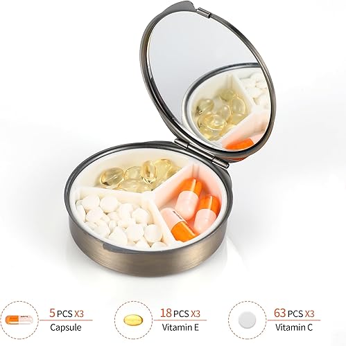 Miniatura 3 de Dynippy - Pastillero con espejo y bolsillo, organizador de píldoras con 3 compartimentos para medicinas y vitaminas, ideal para bolsillo, bolso y