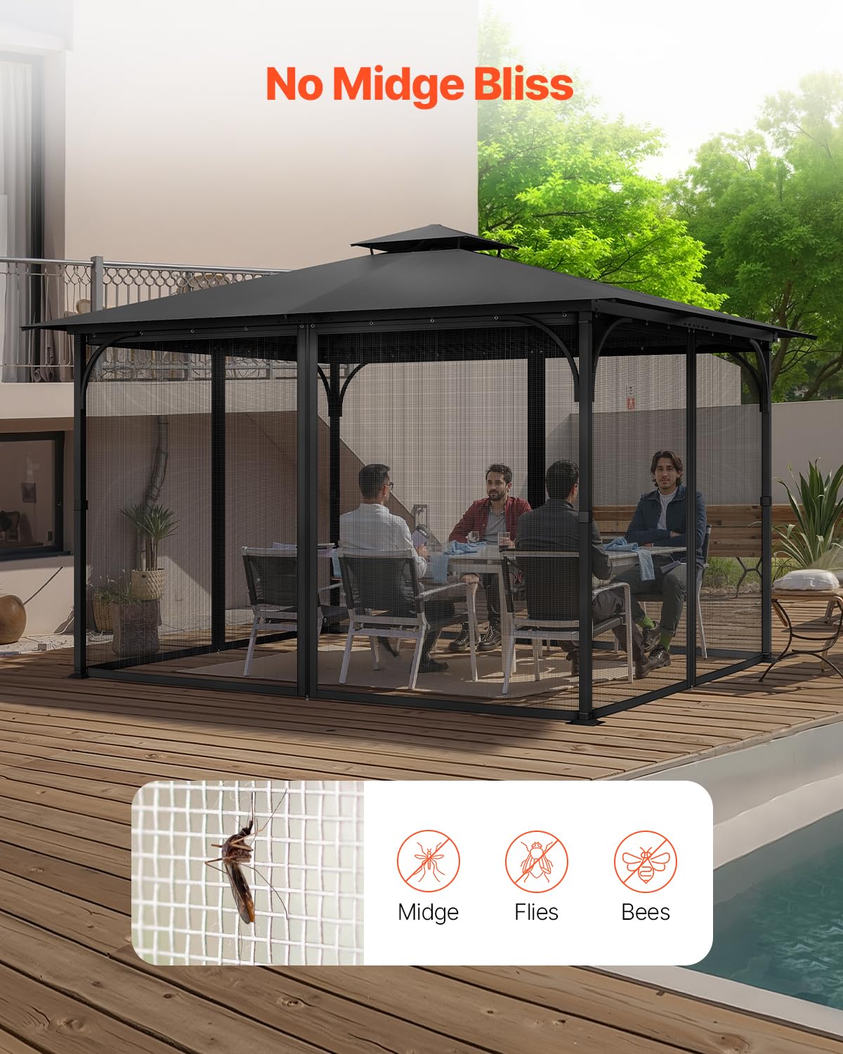 VEVOR Rete di Ricambio per Gazebo, per Gazebo 304,8 x 396,2 x 207,3 cm Rete Anti-Moscerini per Patio, Tenda per Esterni a 4 Pannelli, con Doppia Cerniera, Schermo per Baldacchino, Solo Rete, Nero