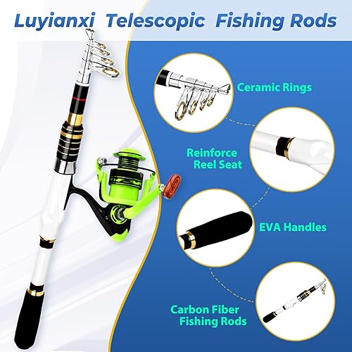 Miniatura 2 de Combo de caña de pescar telescópica y carrete, paquete de 2 varillas de viaje de fibra de carbono de 5.9 pies y 6.89 pies, 2 carretes giratorios
