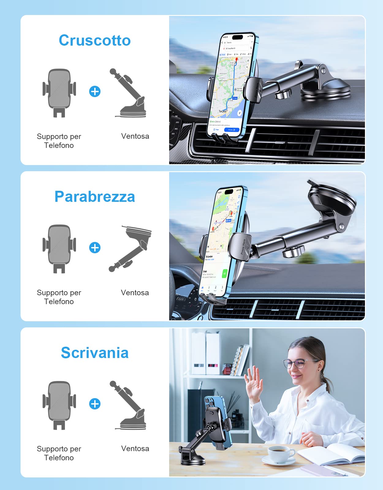 CIRYCASE Porta Cellulare Auto, 2026 [Aspirazione Ultra Potente] Supporto Telefono Auto, 360° Rotazione Porta Telefono Cruscotto/Parabrezza Accessori Impugnature Cellulari Universale Smartphone 4-7"