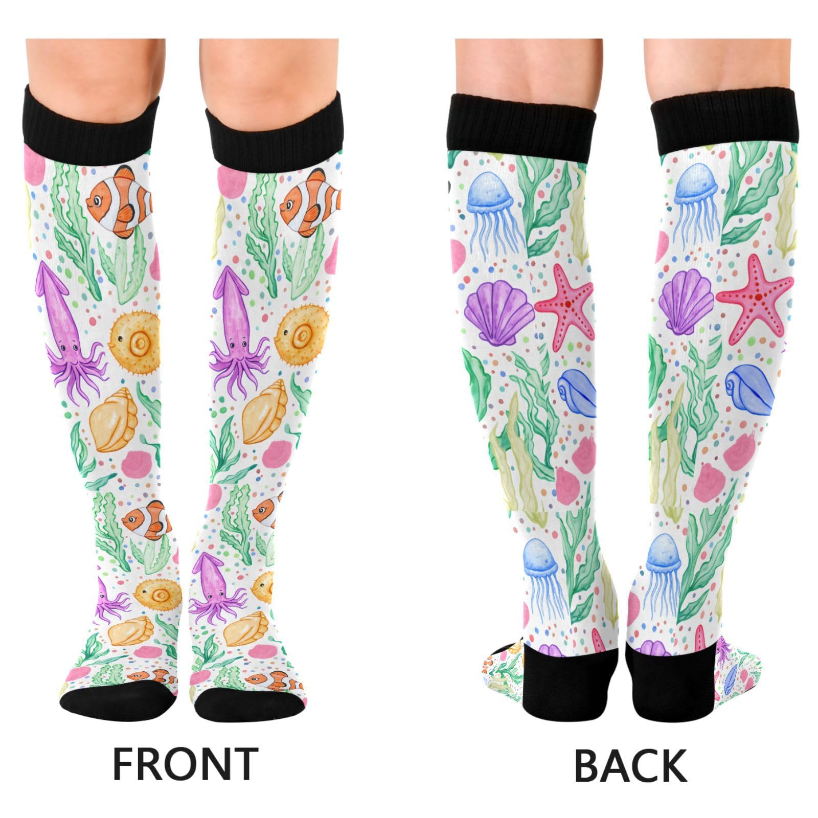 Wassud Watercolor Sea Jellyfish Compression Socks for Women and Men 20-30 mmHg Knee High Socks for Nurses Travel Socks 2 Pair
