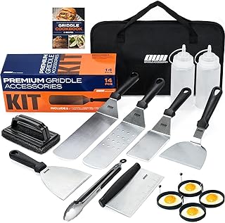 OUII Flat Top Griddle Accessories Set for Blackstone and Camp Chef Griddle - 14 Pieces Set with Griddle Cleaning Kit & Carry Bag! Metal Spatula, Griddle Scraper, Egg Rings for Teppanyaki & Gas Grill