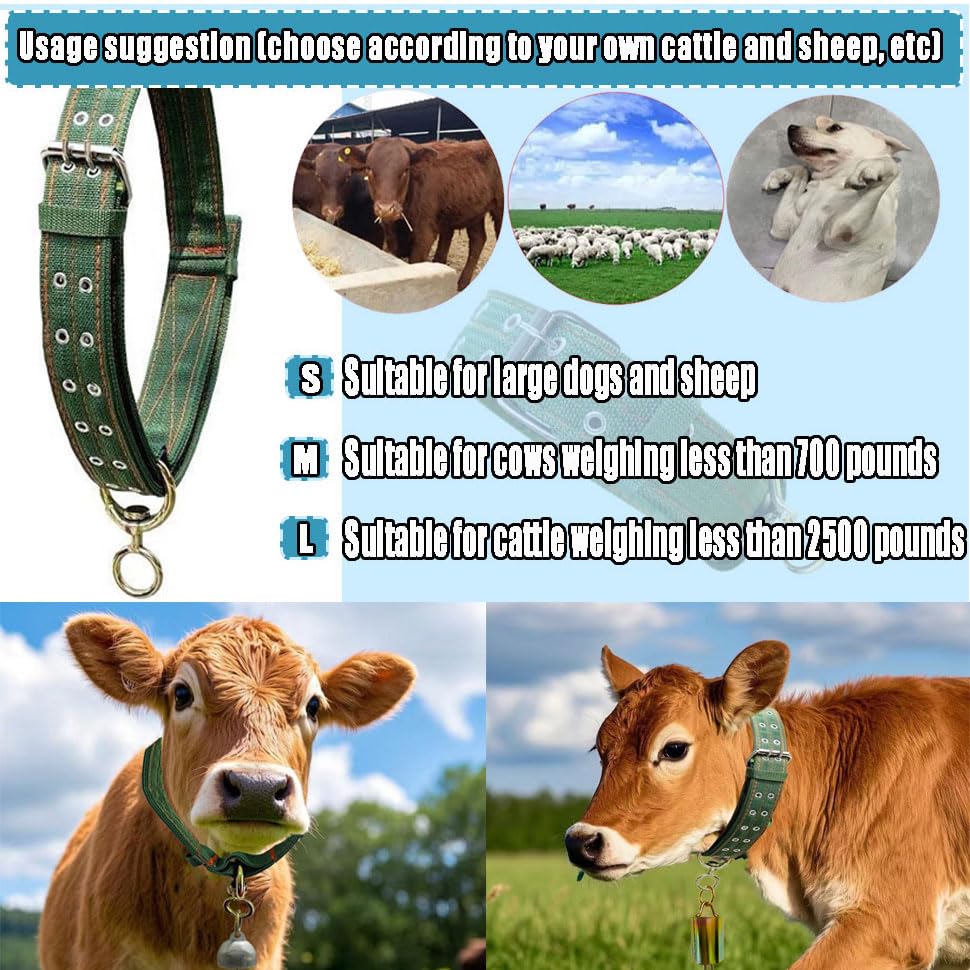 Image of Cattle Collar Thick Canvas Cow Neck Strap Adjustable Nylon Thickened Cow Collar Collar With Cow Bell For Horse Sheep Cattle Dog Etc Farm Animals Pets (38.5Inch),Green