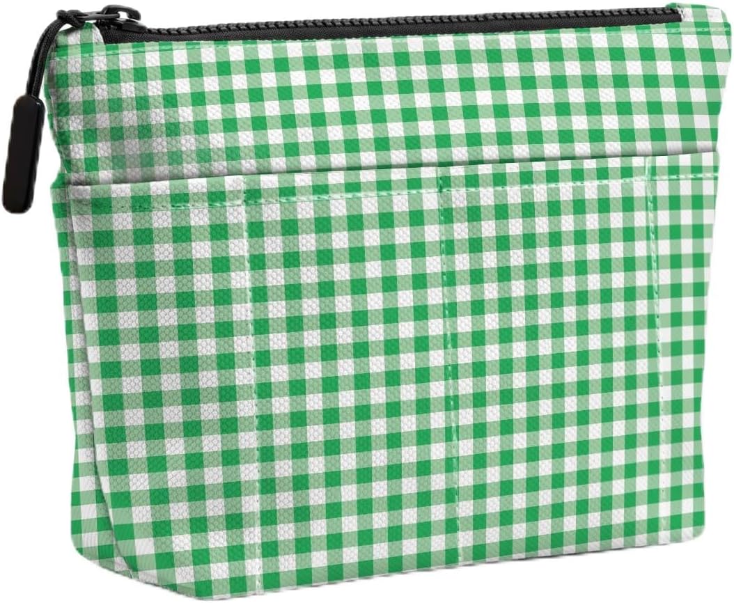 Green Gingham Makeup Bag, Portable Travel Toiletry Cosmetic Bag with Front Pocket, Multi Purpose Makeup Organizer Storage Pouch, Gift for Women Girls Sister Daily Use, Beach Trip, Birthday Christmas