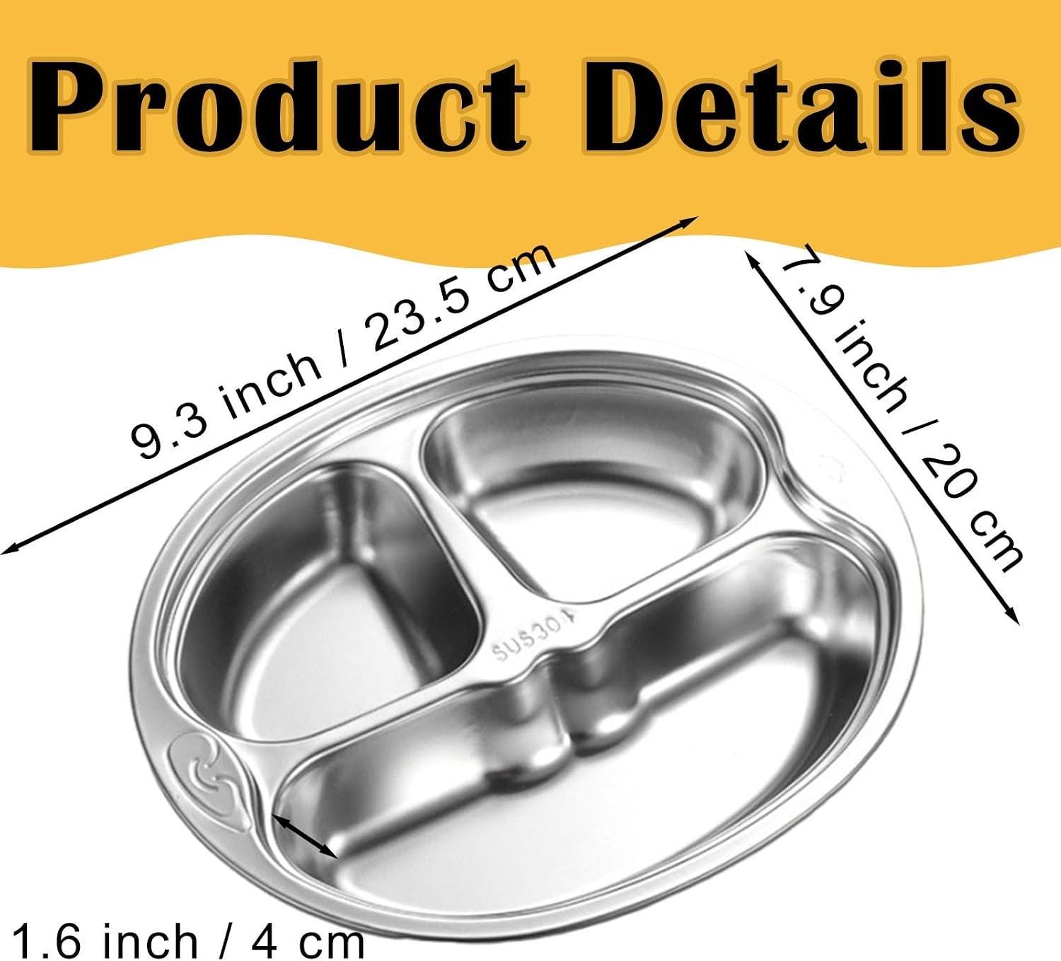 4 Pack 304 Stainless Steel Divided Plate, Compact Food Serving Tray Dinner Plate with 3 Sections Monkey Shape Portion Control Plates for Picky Eaters, Campers