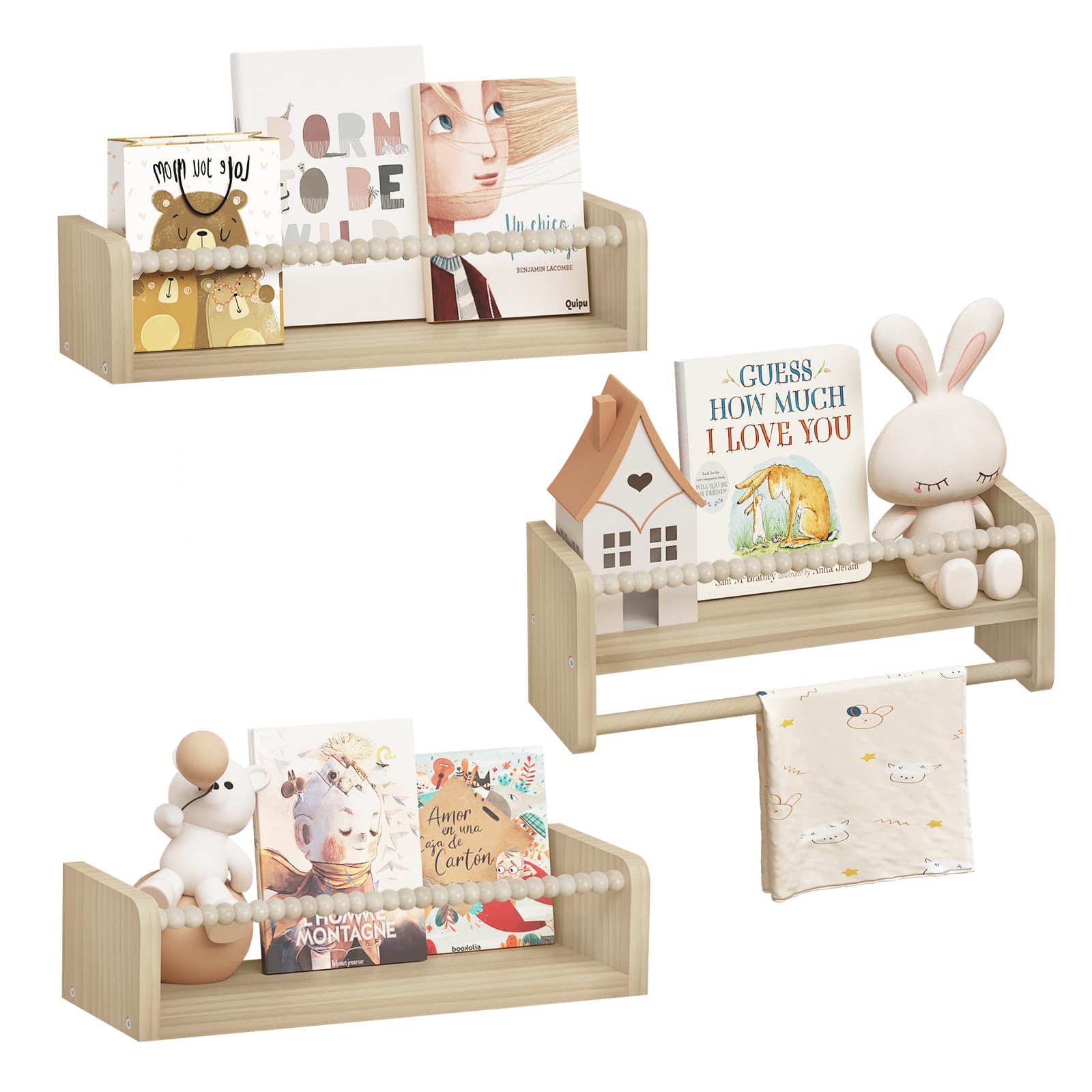 WOLTU Juego de 3 Estantes Madera de Pared para Niños, 40cm Librería Infantil para Niños, Estante Flotante de Madera Maciza, Balda de Pared para Libros y Juguetes en Habitación Infantil y Guardería