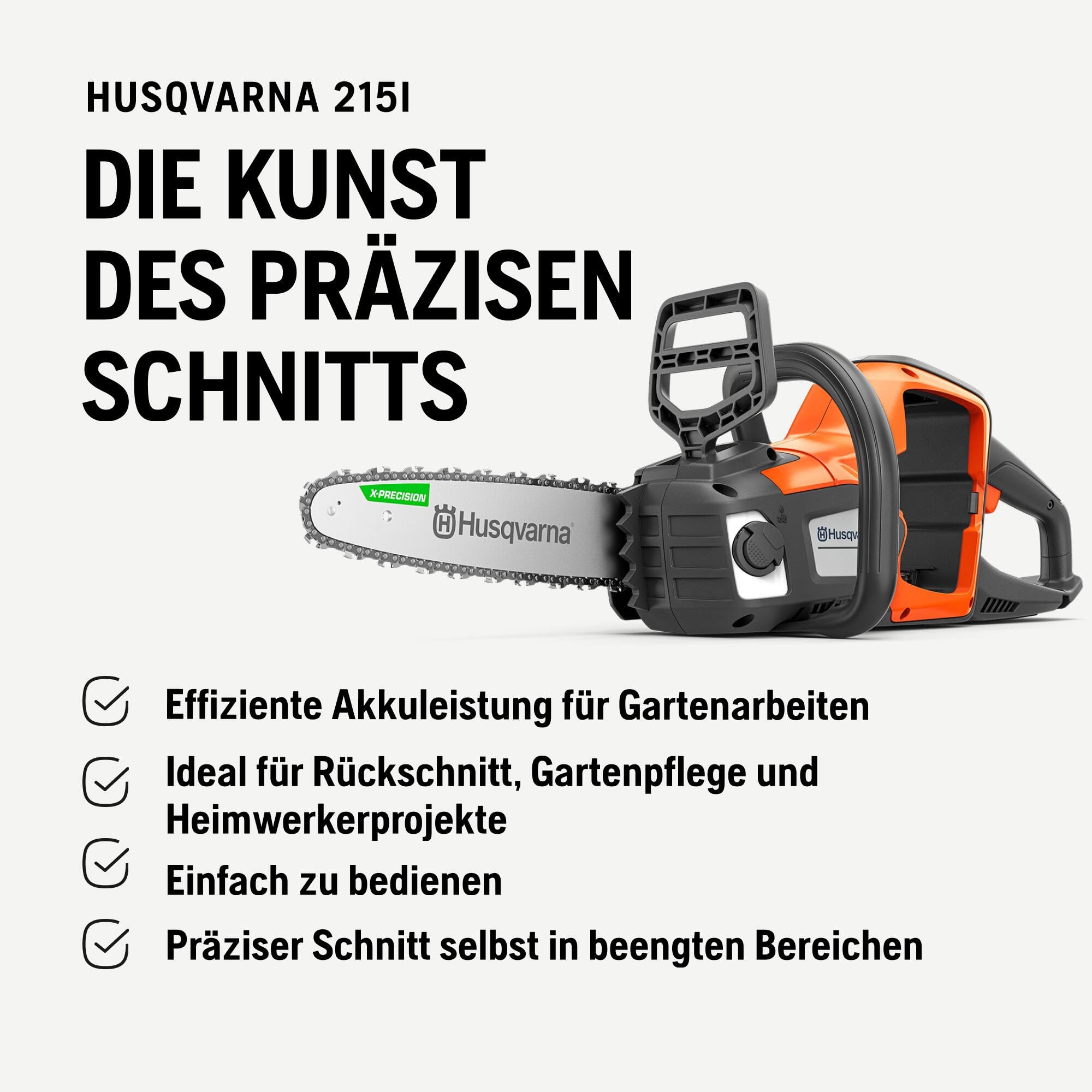 Husqvarna 215i Akku-Kettensäge 12" mit B70 Akku und Ladegerät | Kompaktes, leichtes Design - für allgemeine Gartenarbeiten gemacht