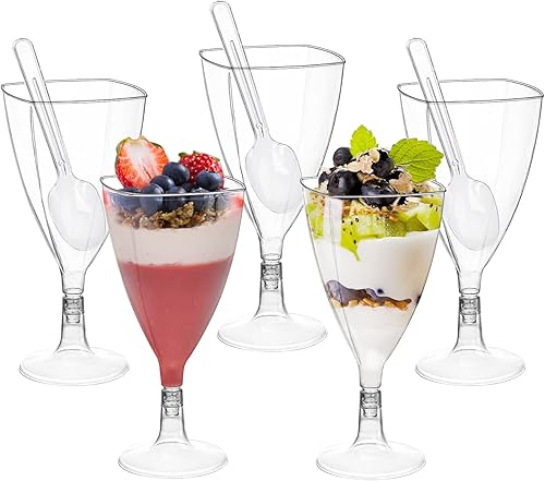 Miniatura 3 de Foraineam Paquete de 100 tazas de postre transparentes con cucharas, copas de vino de plástico, copas de champán de plástico de 7 onzas, copas de