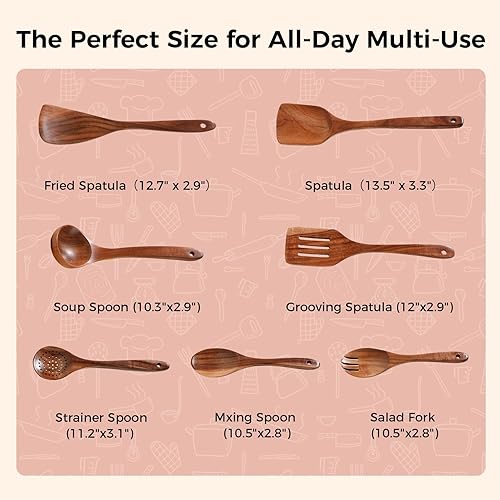 Miniatura 4 de Cucharas de madera para cocinar, juego de 7 utensilios de cocina de madera, juego de utensilios de madera de teca natural suave, utensilios de