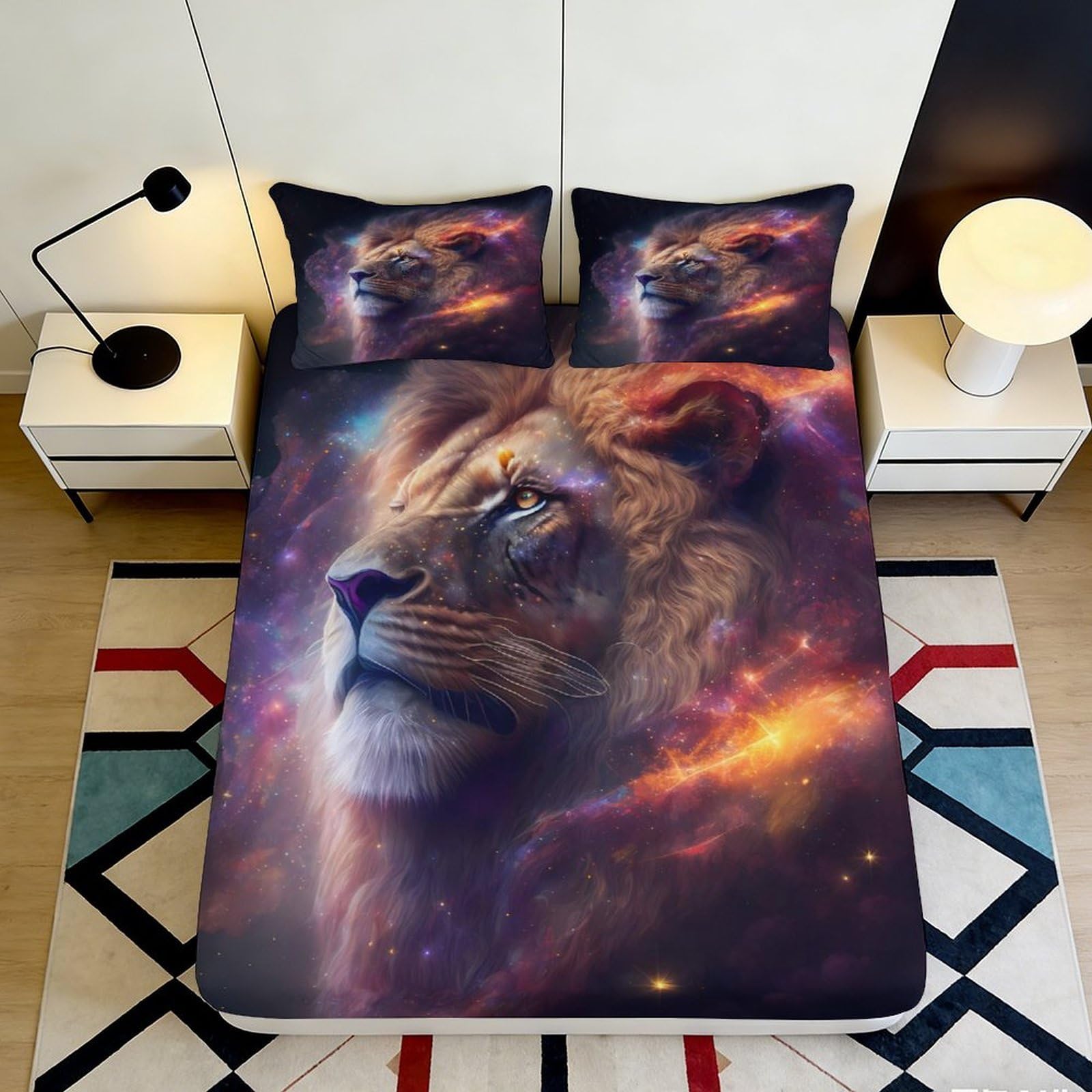 3D Printed Lion Galaxy Fitted Sheet Microfiber Soft Breathable Cosmic Nebula Mattress Cover for Bedroom Dormitory Guest Room Mattress Protection Decor 90x200x25cm