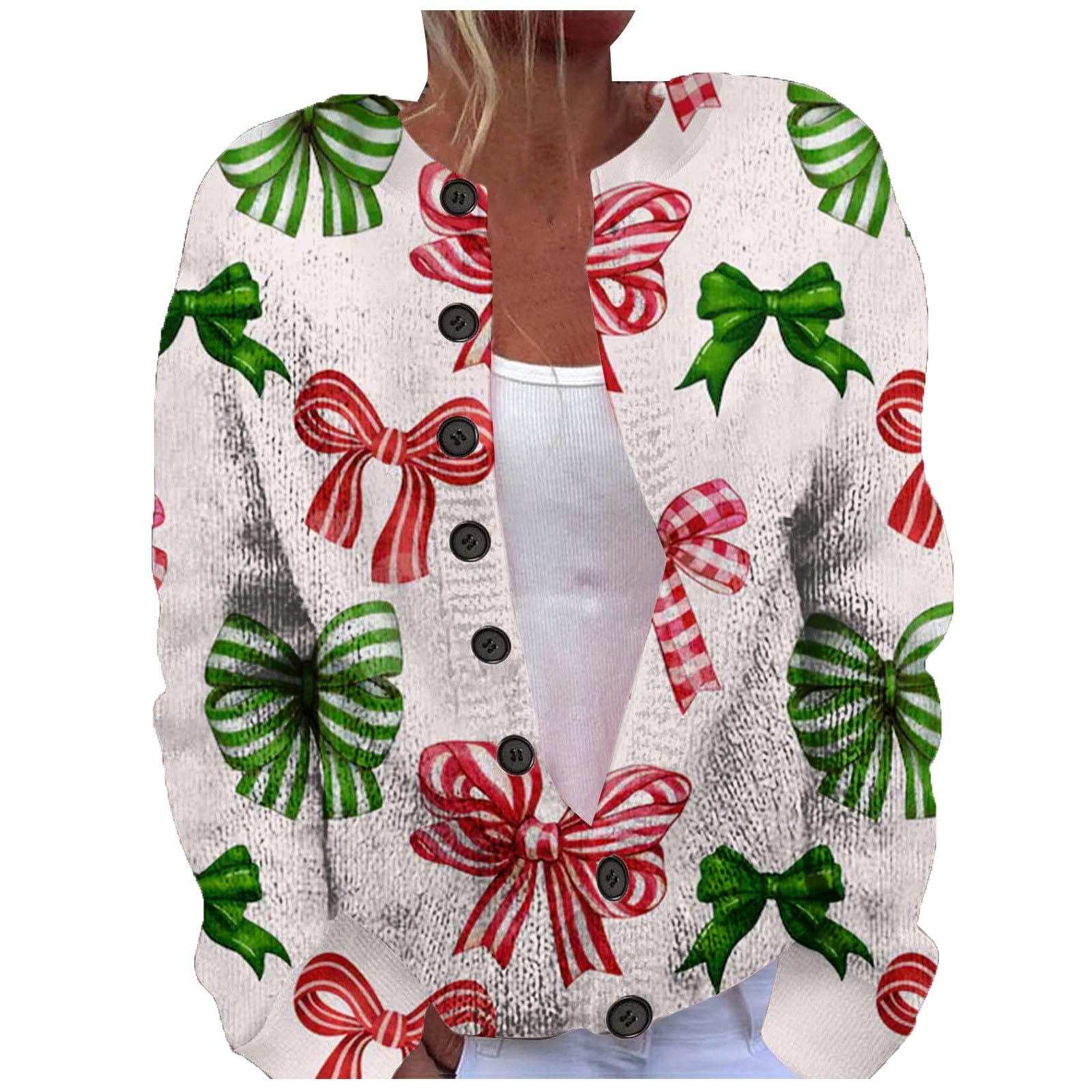 Ugly Christmas Sweaters for Women Funny Cute Knit Open Front Sweater Long Sleeve Button Loose Short Cardigan Outerwear