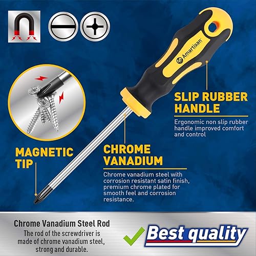 Miniatura 3 de Amartisan Juego de destornilladores magnéticos de 10 piezas, 5 Phillips y 5 puntas ranuradas Juego de destornilladores profesionales con agarre