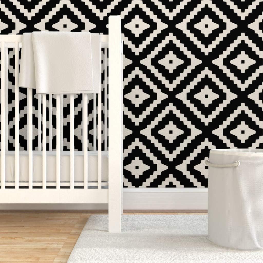Removable Wallpaper 6ft x 2ft - Boho Black Tan White Neutral Geometric Custom Pre-Pasted Wallpaper by Spoonflower
