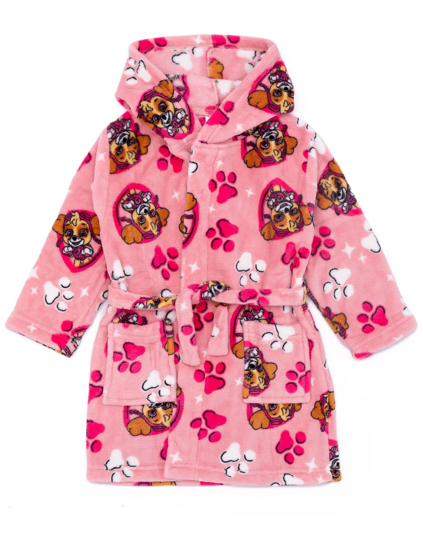 Paw Patrol Girls Hooded Bathrobe | Pink Skye the Rescue Pup All Over Print Dressing Gown For Kids | Cosy Fleece Loungewear Bathrobe | TV Series Nightwear Apparel Gift for Children