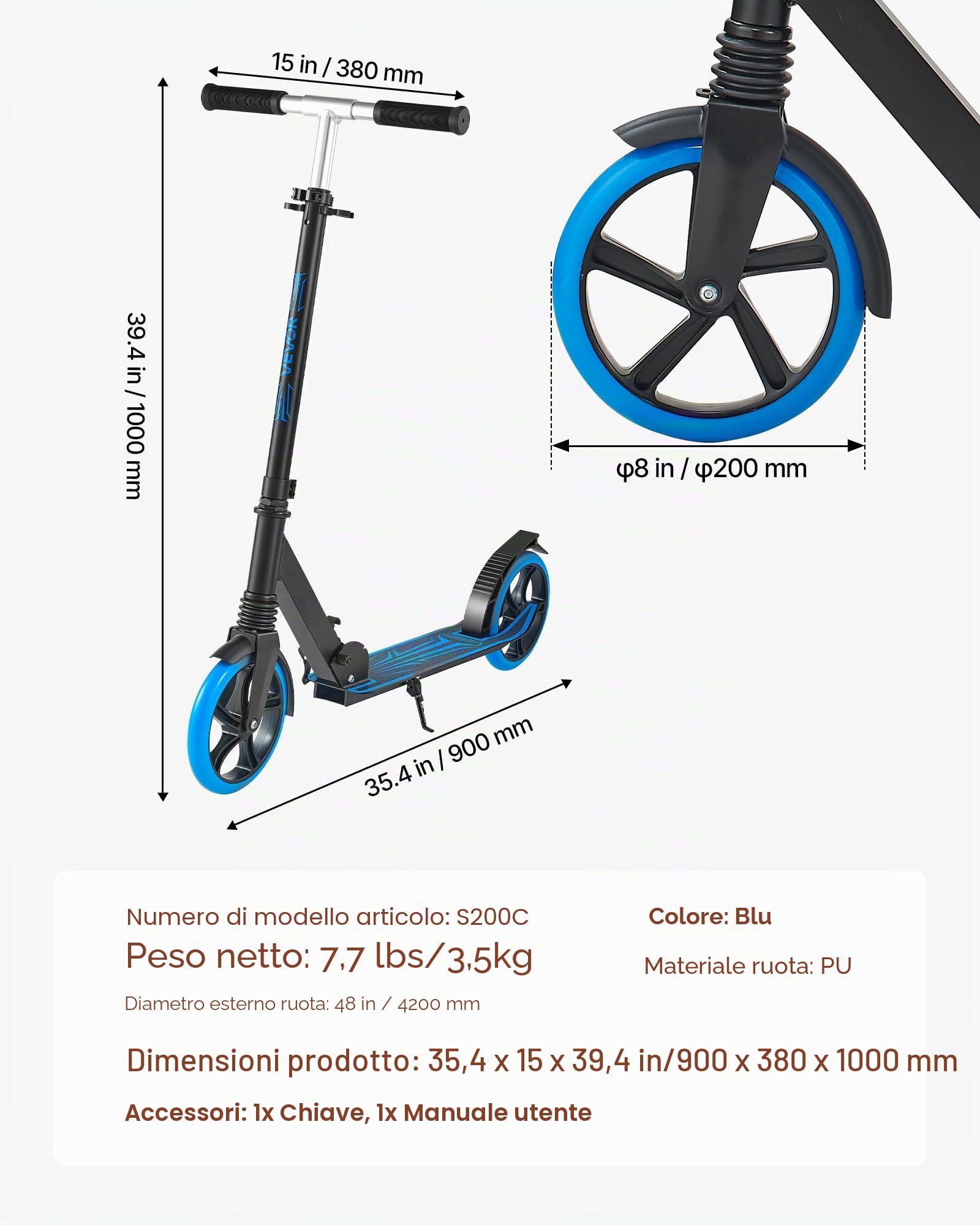 VEVOR Monopattino con 2 Ruote per Bambini da 8 Anni, Monopattino Pieghevole per Mobilità Urbana Carico max. 100kg Altezza Regolabile a 3 Livelli, Pedana Antiscivolo e Freno a Pedale, Blu