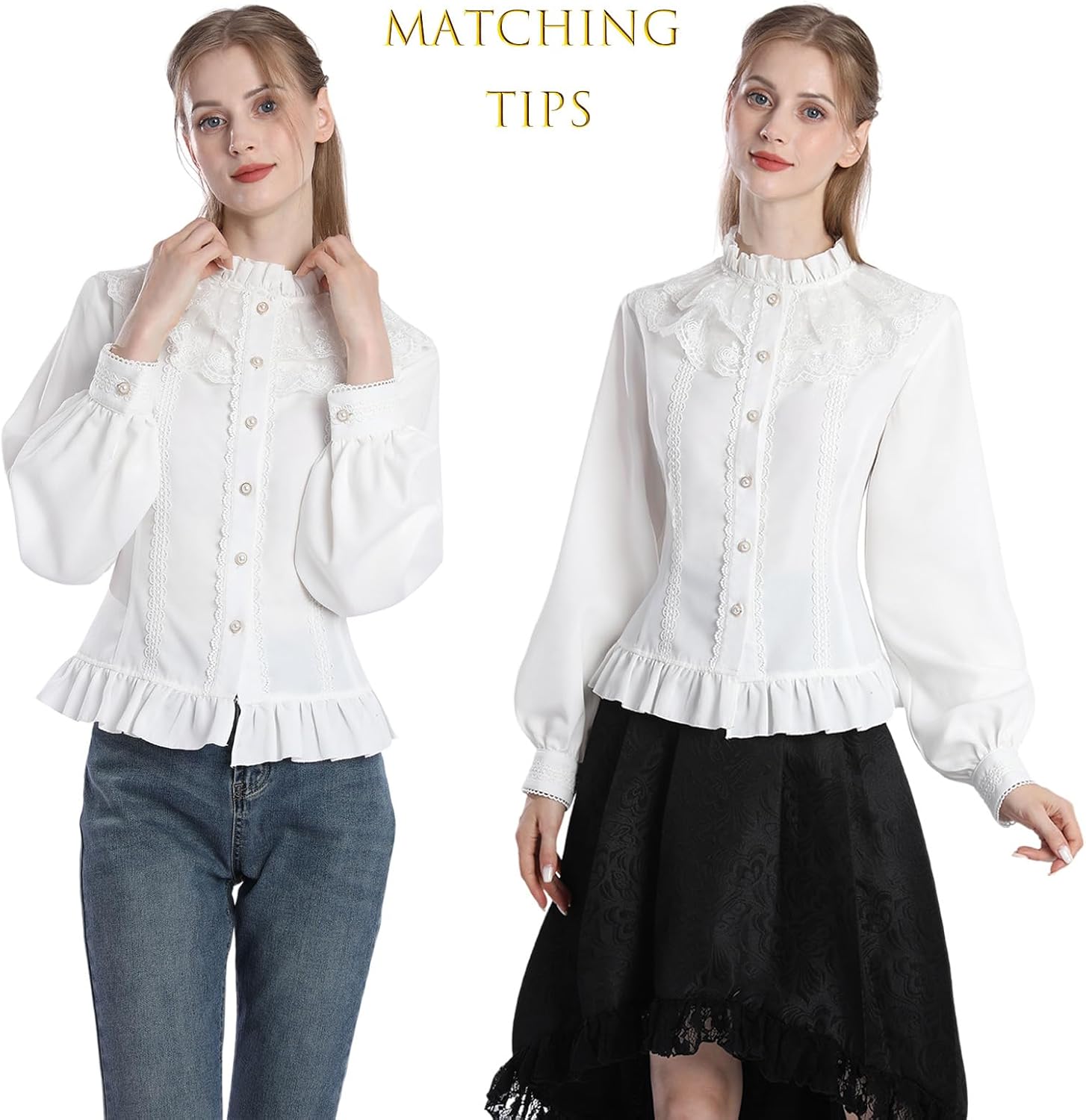 CR ROLECOS Womens Victorian Blouse Lace Ruffle Neck Bishop Long Sleeve Vintage Edwardian Shirt Lolita Tops White 3XL - Image 2