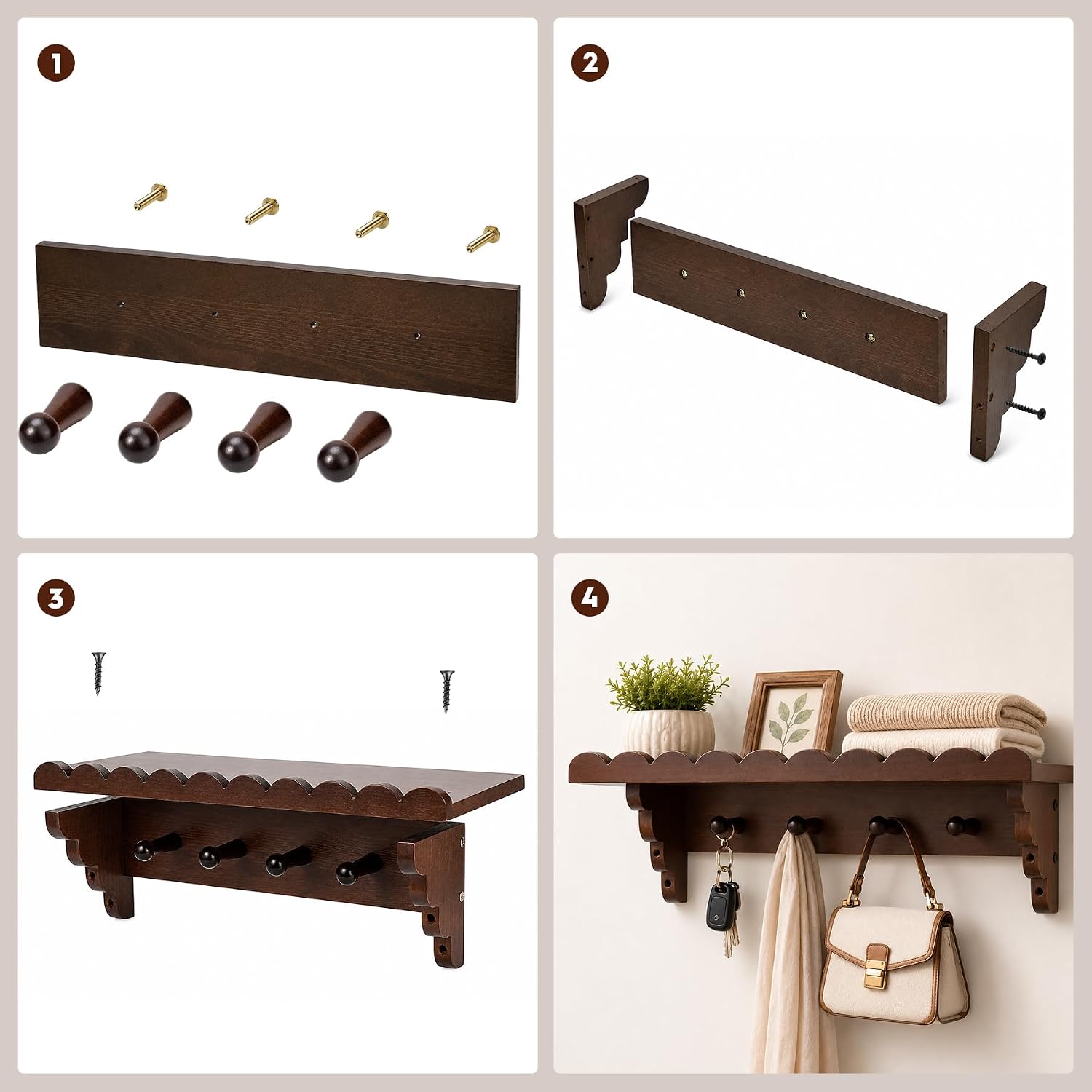 Wood Wall Mounted Coat Rack with Shelf & 4 Hooks
