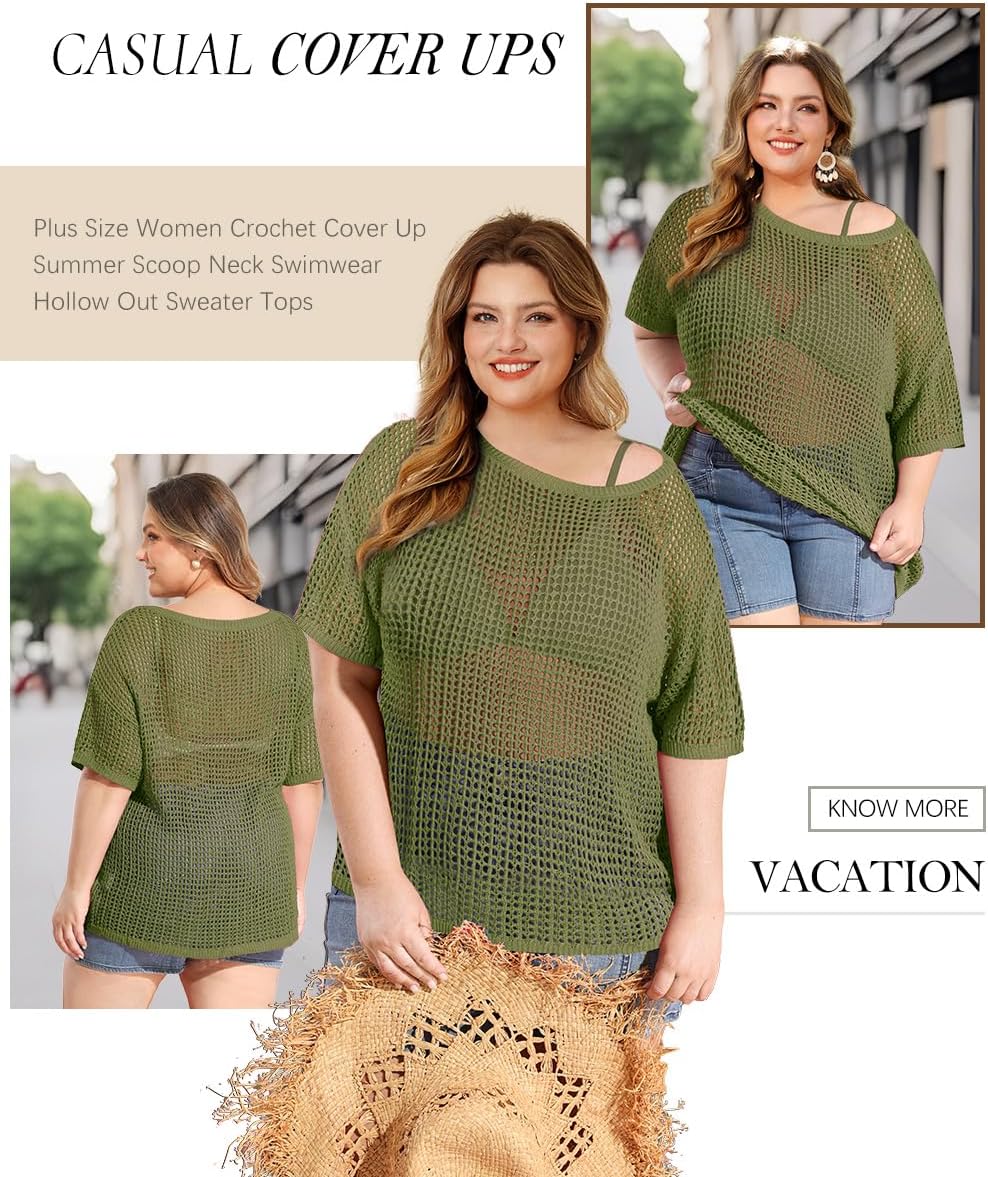 RITERA Plus Size Women Crochet Cover Up Summer Scoop Neck Swimwear Hollow Out Sweater Tops Vacation Beach Shirts XL-5XL - Image 4