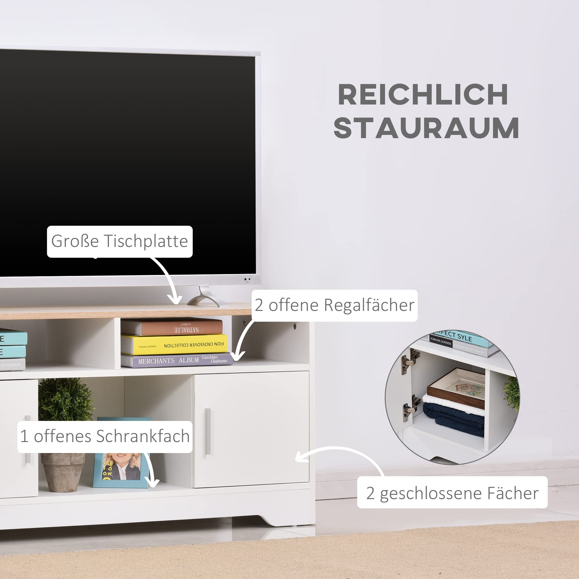 HOMCOM TV-Lowboard Fernsehschrank TV-Bank mit 2 Schränken und 3 offenen TV-Kommode bis zu 50 Zoll Fernsehtisch Unterschrank Kabelführungsöffnung Spanplatte Weiß+Naturholz 105 x 40 x 52 cm