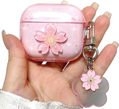 Funda con diseño de flor de cerezo para AirPod Pro de 2 generación con bonito llavero floral, bonito y brillante, TPU suave, a prueba de golpes,