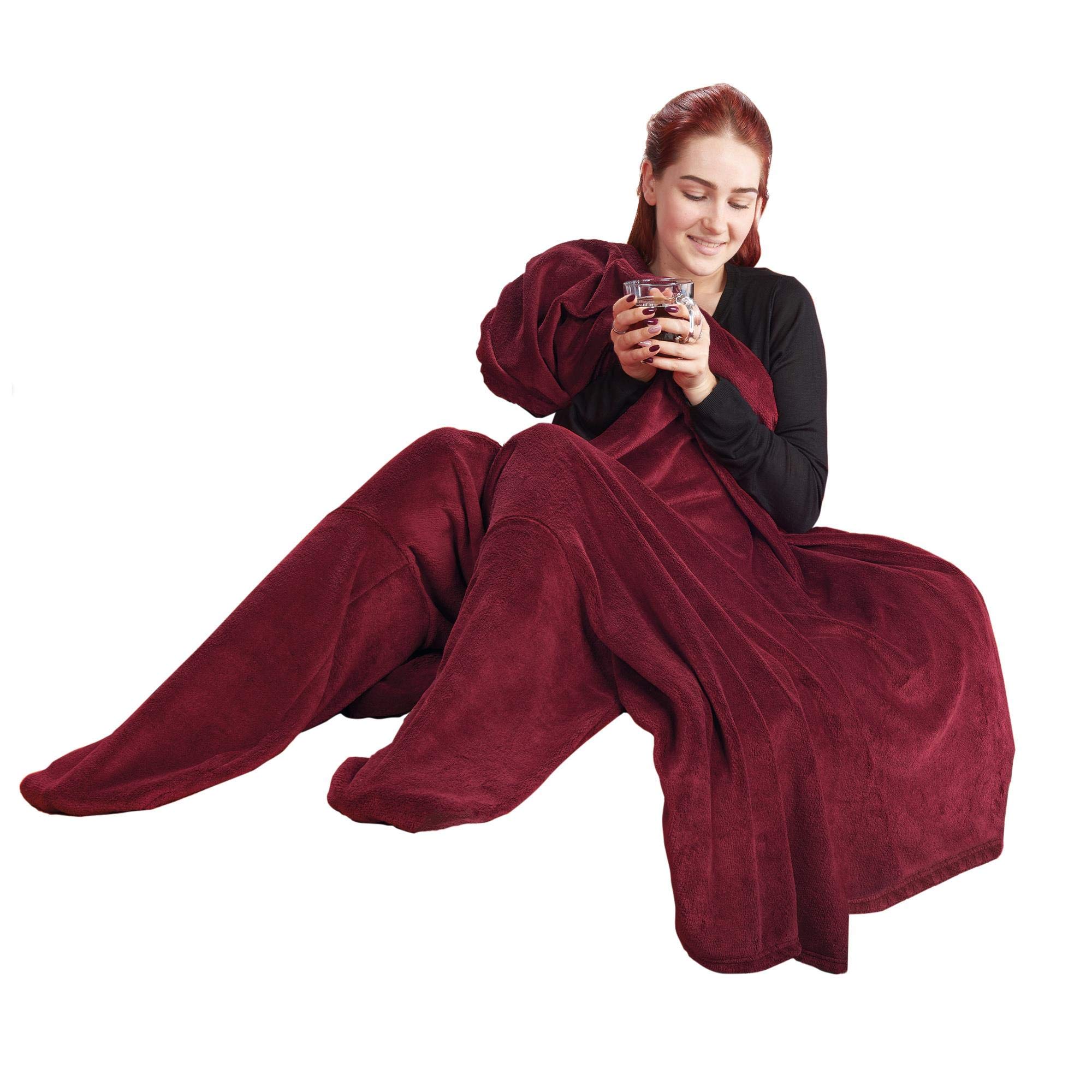 CelinaTex Flauschige Kuscheldecke mit Füßen Socken 150 x 180 cm Bordeaux Sockendecke Fußwärmer Mikrofaser Fleece Oeko-TEX Footy
