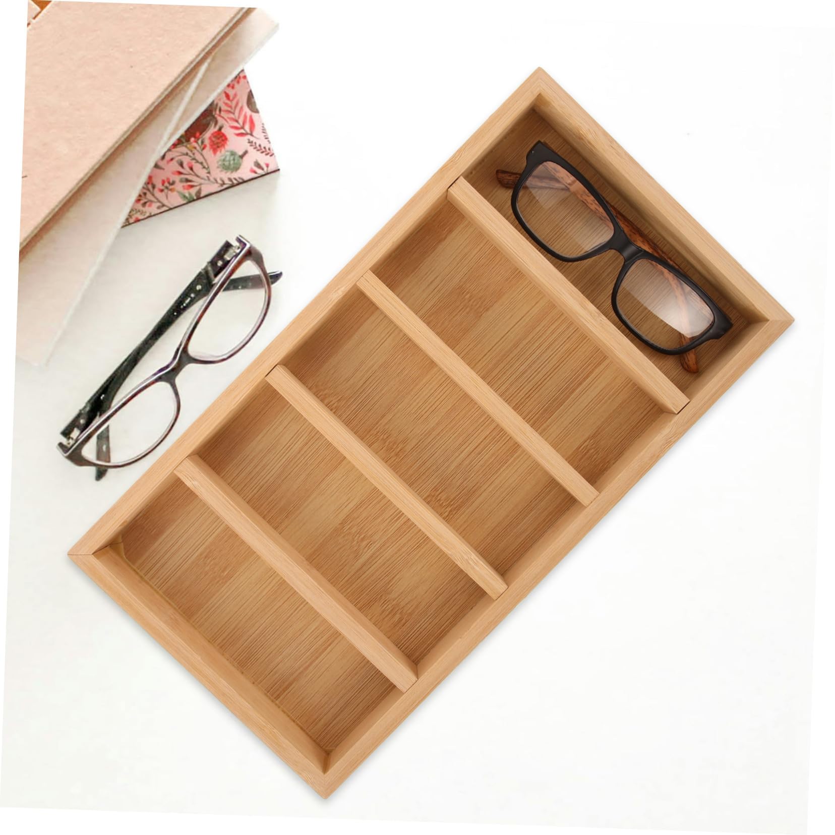Bandeja Organizadora 5 Compartimentos 2 Piezas de Madera para Gafas de Sol | Khaki, Vitrina para Gafas de Sol para Tienda y Escaparate, Celebracion Verano, Organizador de Almacenamiento de Gafas de Sol