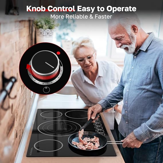 ThermoMate 36 Inch Electric Cooktop, 5 Burners Knob Control Built-in Ceramic Cooktop, 30 Radiant Electric Stove Top of 9000W with 9 Heat Levels, Hot Surface Indicator, 220-240v, Hard Wired
