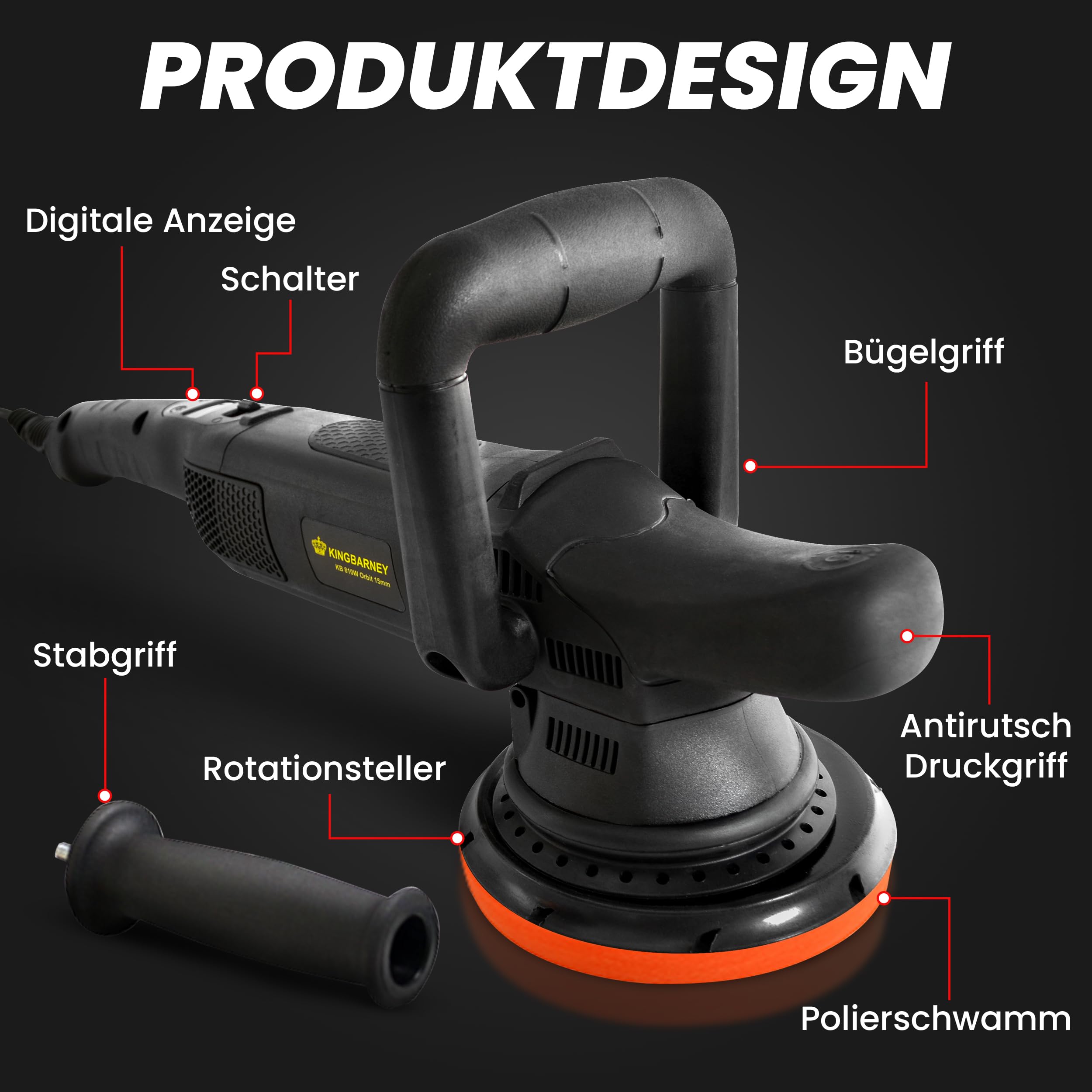 Lucidatrice eccentrica, 810 Watt, con hub da 15 mm e cavo da 6 m, con custodia e spugna per lucidatura, lucidatrice per auto con display digitale (set S)