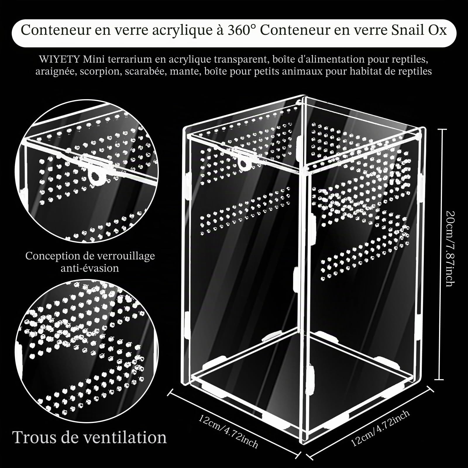 Terrarium à escargots 360° en acrylique : WIYETY Mini terrarium transparent en acrylique pour terrarium Reptile Scorpion Beetle Reptile Reptile (20 x 12 x 12 cm)