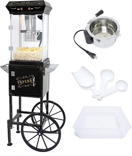 Máquina de palomitas de maíz de 8 onzas con carro, máquina comercial de palomitas de maíz con ruedas y hervidor de acero inoxidable, 3 cucharas de