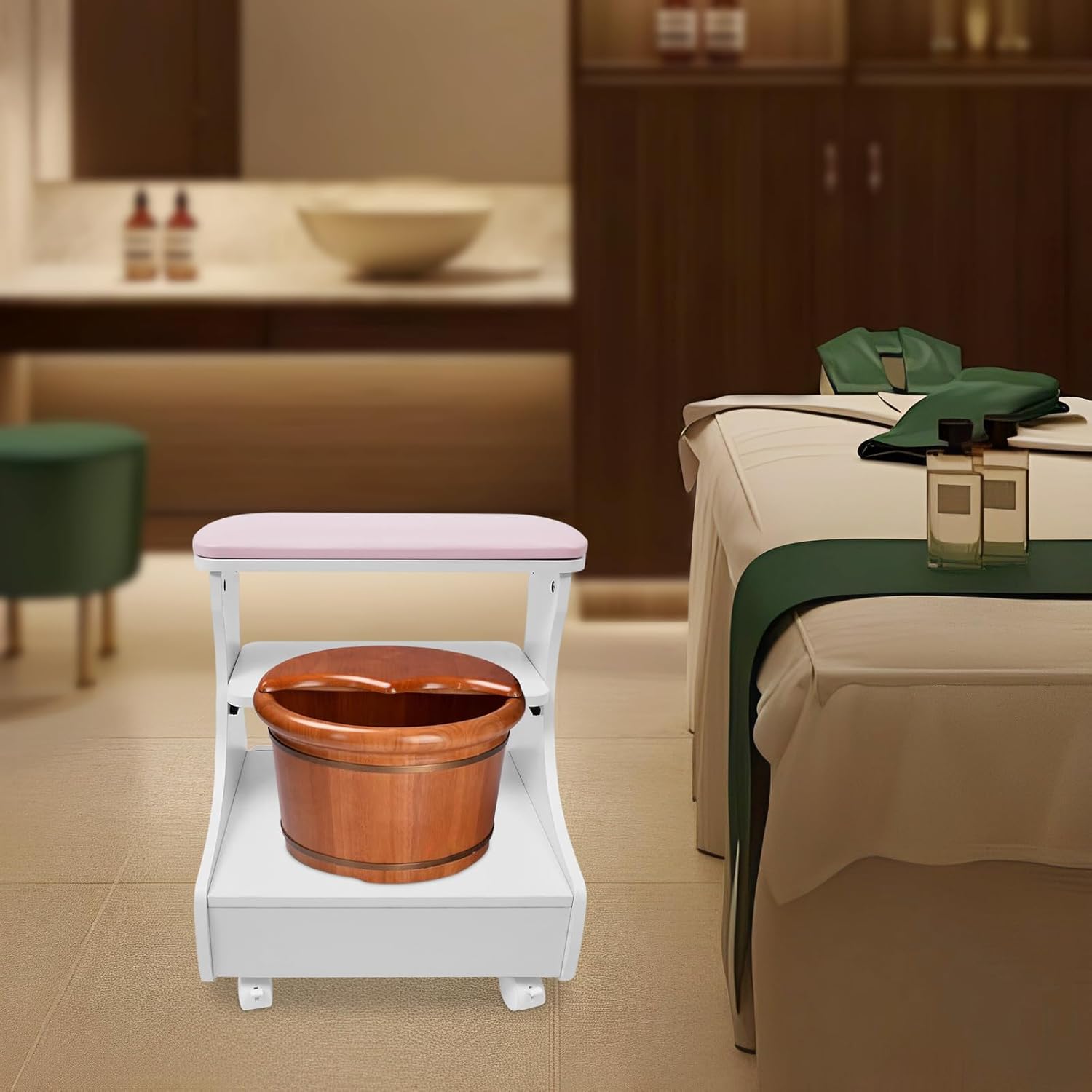 Foot Bath Spa Trolley Cart for Foot Rest Massage Table,Modern Trolley for Foot Bath Pedicure Foot Rest,Footbath Stool with Wheels for Home Bathroom Salon Supplies (Pink)