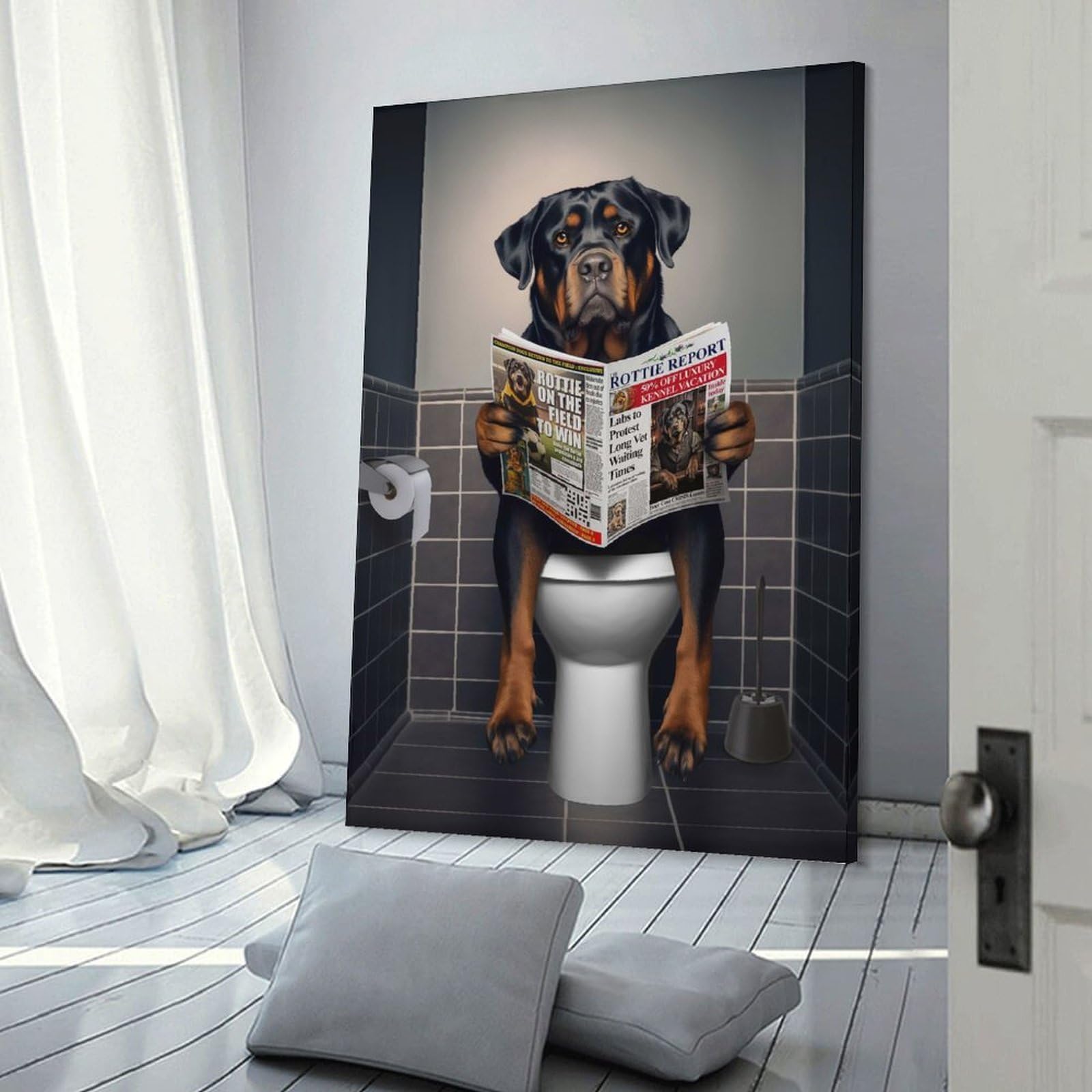 Junmoney Rottweiler on The Toilet Canvas Art Print 16x24inch(40x60cm), for Gallery Wall Layouts in Home Or Office, Decorative Artwork with Flexible Styling