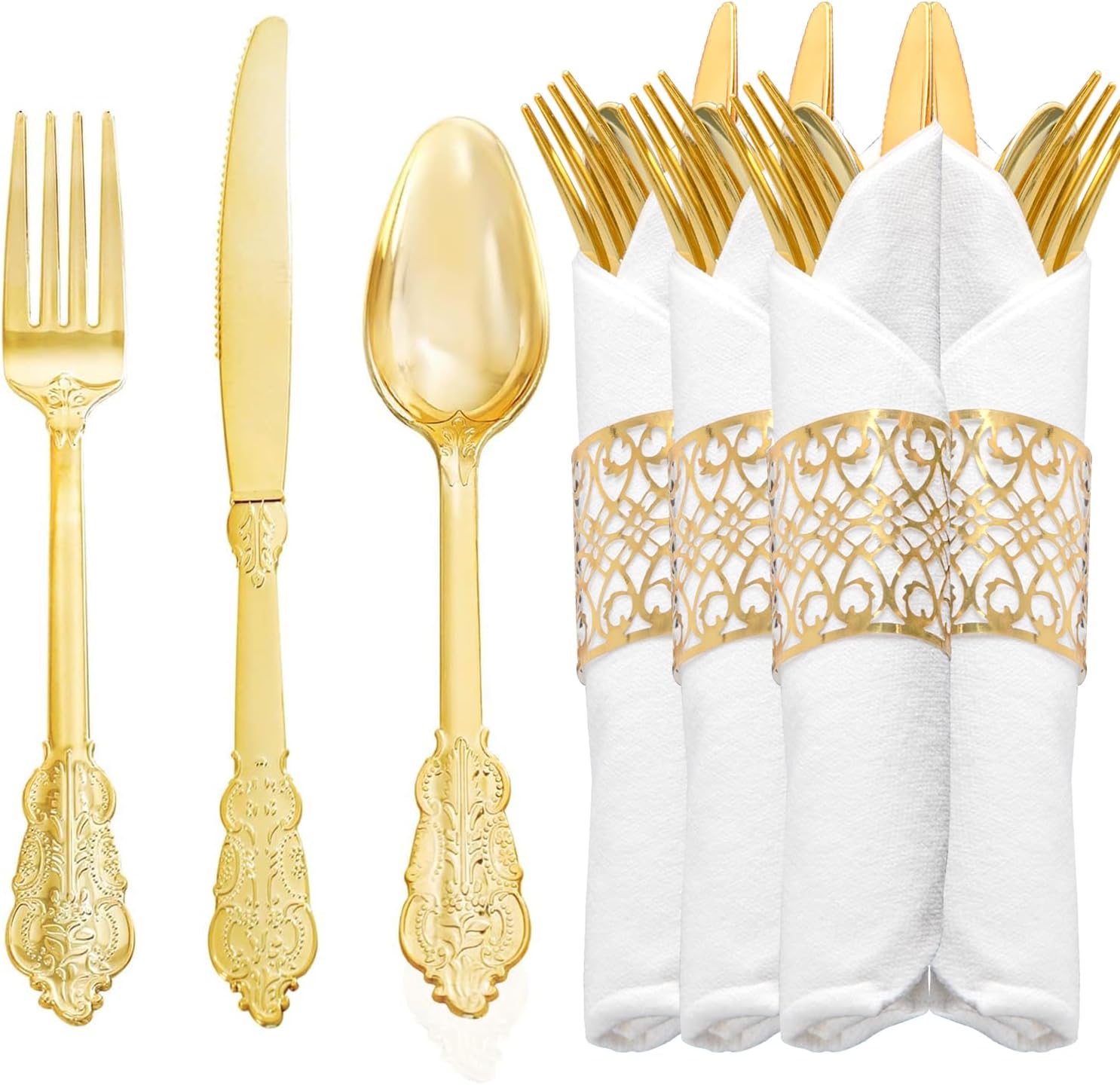 100 Pre-Rolled Gold Plastic Silverware Sets for Parties, 400pc Set - Disposable Silverware for 100 Guests with Forks, Knives, Spoons, and White Napkins - Decorative Flatware for Parties and Weddings