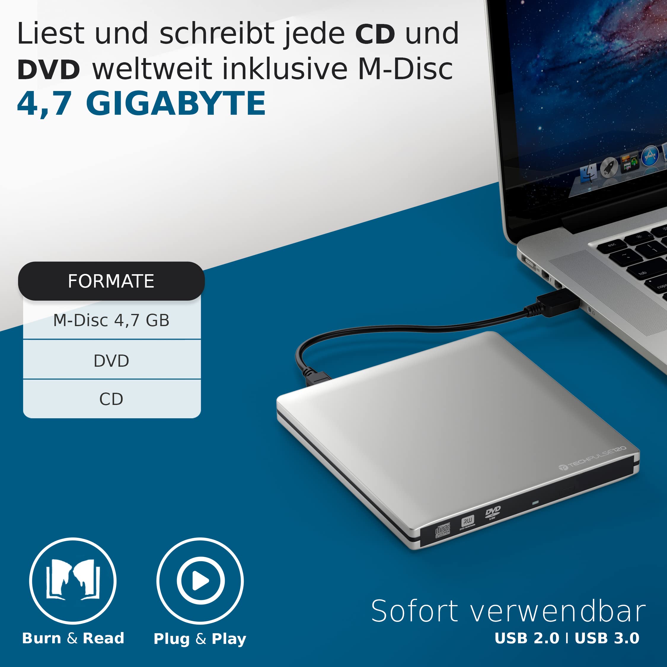 techPulse120 externer USB 3.0 DVD CD Brenner Laufwerk externes CDRW DVDRW Player Superdrive Portable Slim Drive für Desktop Computer Notebook Ultrabook Netbook Laptop Silber