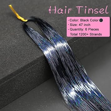 Hair Tinsel Kit With Tools 47Inch 1200 Strands Glitter Tinsel Hair Extensions Sparkling Shiny Fairy Hair Tinsel Strands Kit Heat Resistant for Women Girls 6Pcs (Black)