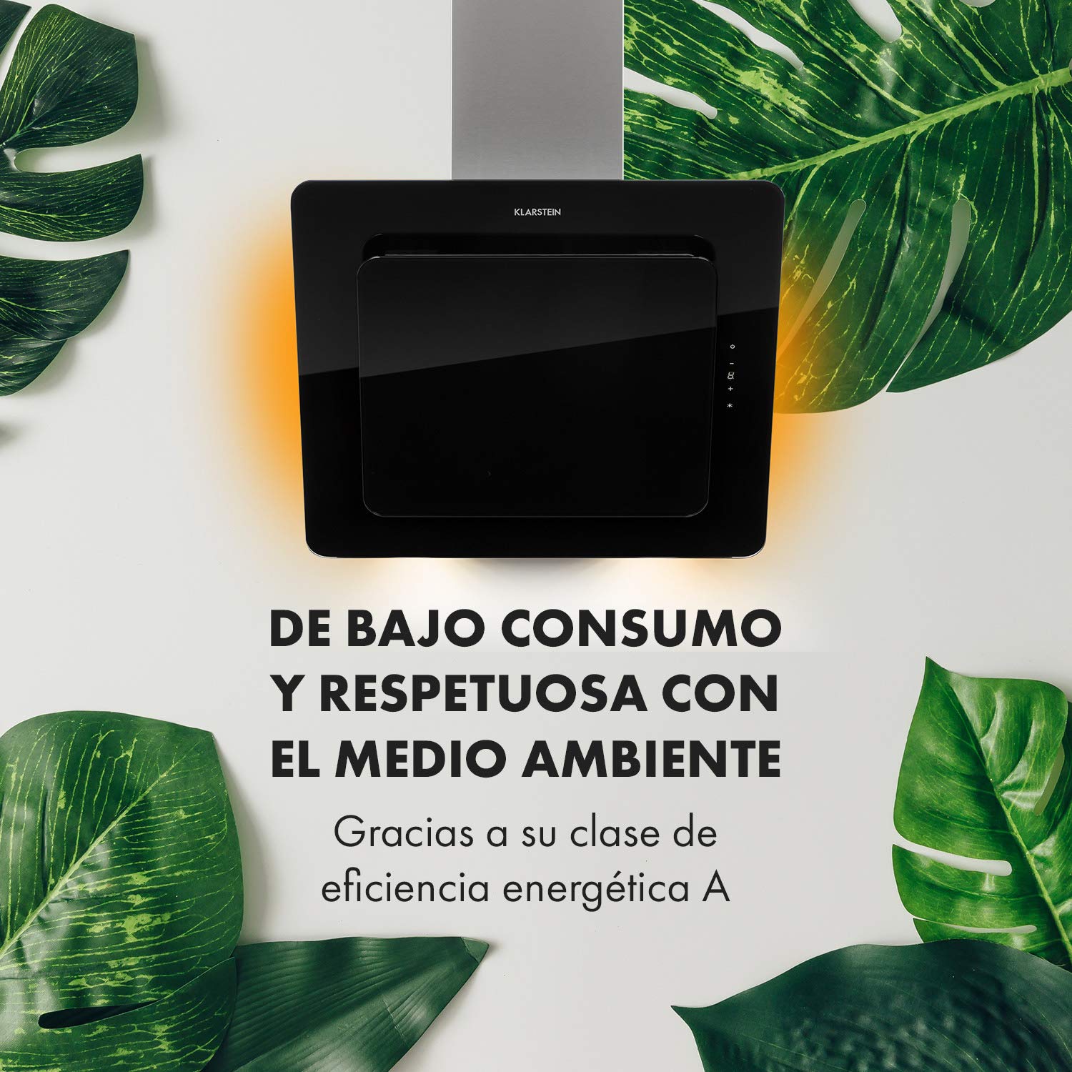 Klarstein Helena Campana extractora inclinada, Campana de pared inclinada con 553 m³/h, Luz ambiental RGB, Recirculación y extracción, Iluminación LED, Control táctil, 60 cm, negro