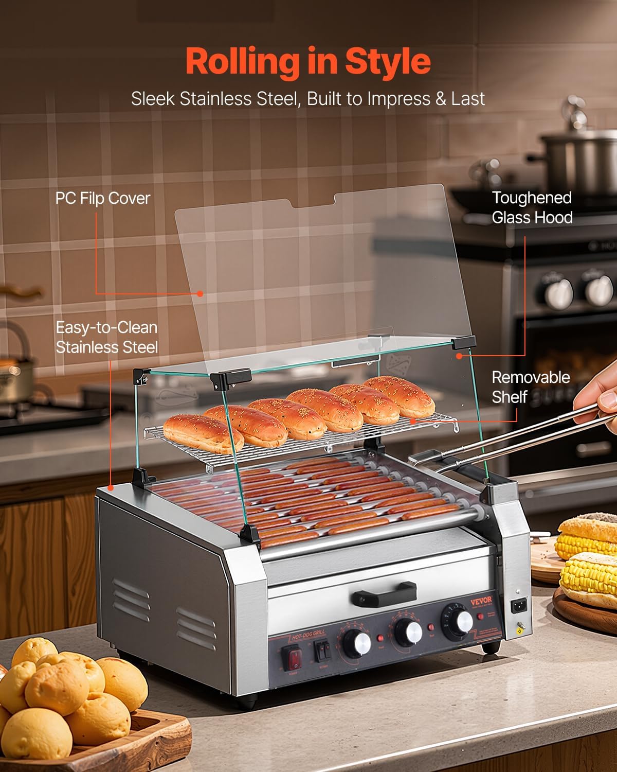 VEVOR Hot Dog Roller showing its PC flip cover, toughened glass hood, easy-to-clean stainless steel body, and removable shelf.