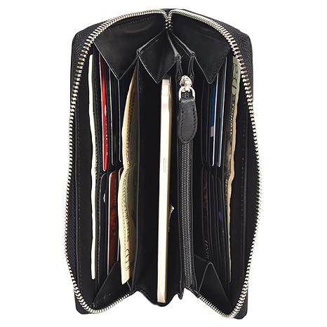 ASHIBO Zip Around Wallet for Womens Nappa Flat Genuine Leather Multi Pockets,Card Slots, Black, Zip Around Wallet