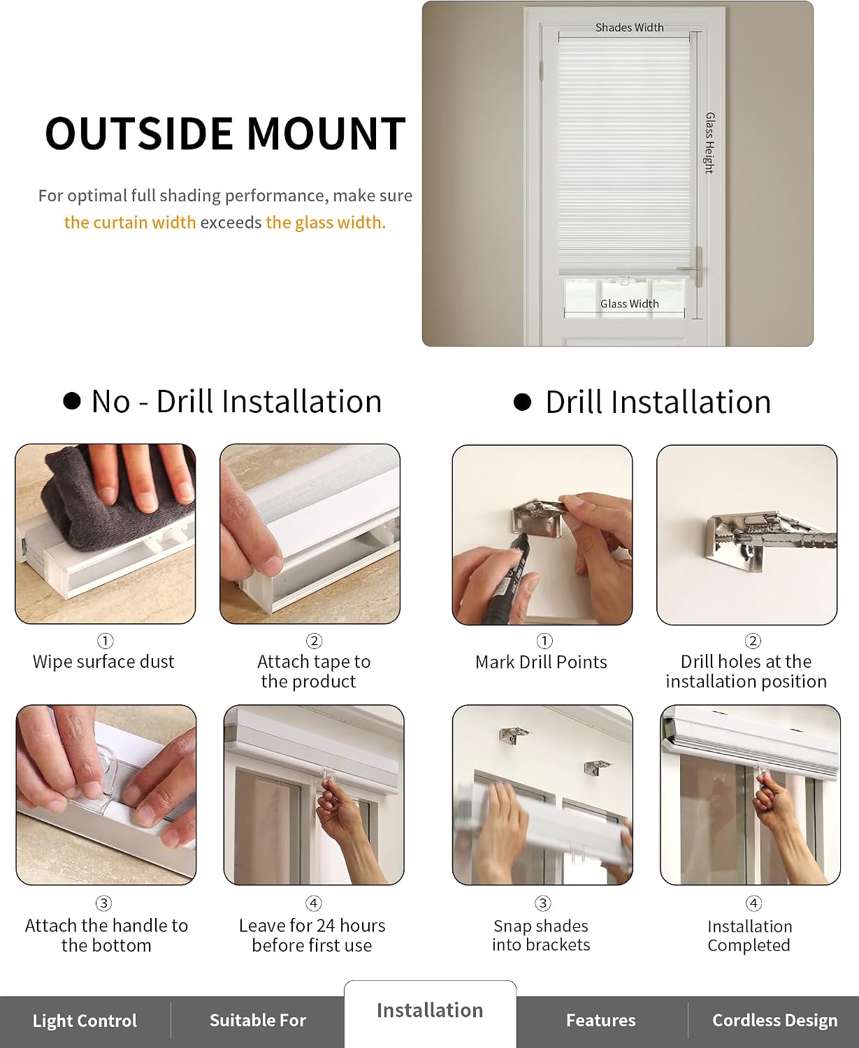 No Drill Blackout Cellular Shades for French Doors, 1 Pack, 24"x70", White