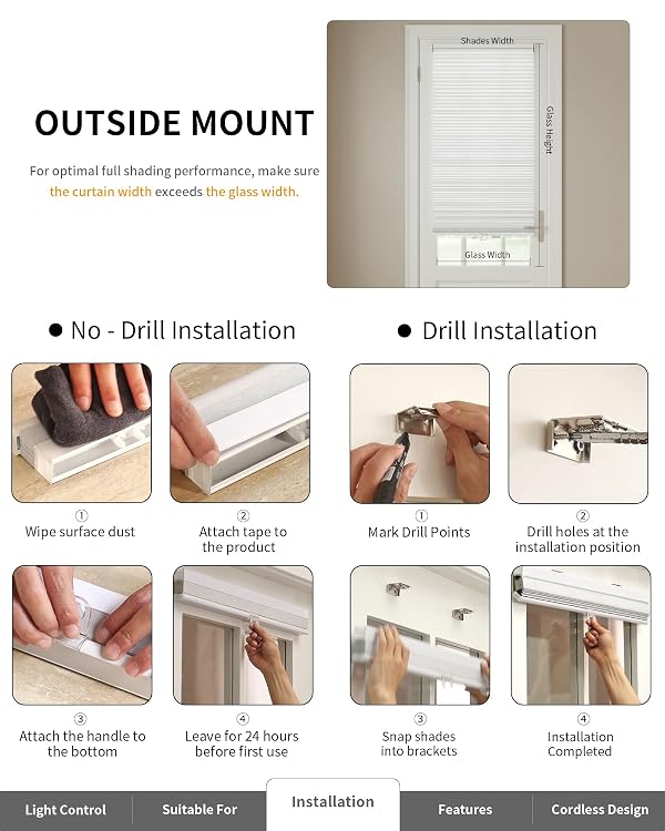 No Drill Blackout Cellular Shades for French Doors, 1 Pack, 22"x78", White by WrappieSunny - Used condition - Image 4