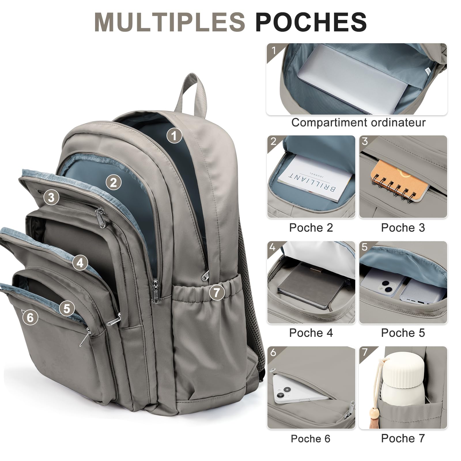 Sac Scolaire Cartable pour Fille Garcon, Sac à Dos Lycee Multi-poches Scolaire Sac avec Compartiment Ordinateur, Cartables Scolaires Imperméable et Léger pour L'école(Gris)
