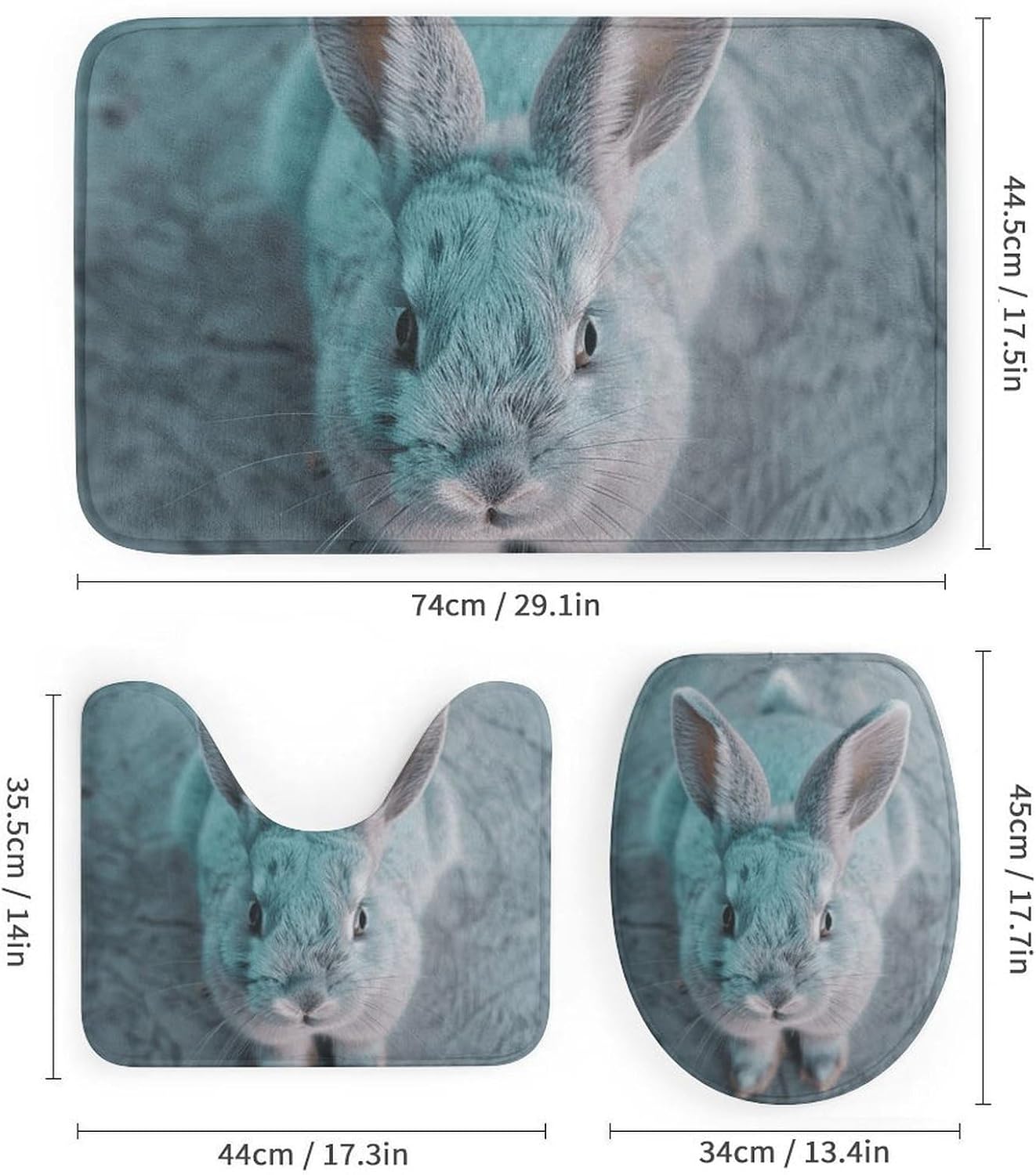 Light Blue Rabbit Shower Curtain Set 4 Piece, Non-Slip Bath Mat with Toilet Lid Cover and Waterproof Shower Curtain with 12 Hooks, Complete Bathroom Set for Home Decor