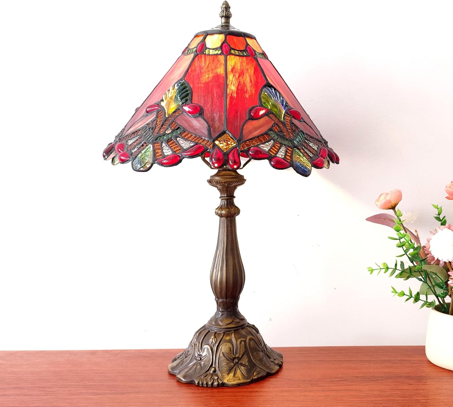 Tiffany Table Lamp Red Baroque Style Stained Glass Lamp 12X12X19 Inch Antique Lamp for Office Home Bedroom Living Include 3-Color LED Bulb